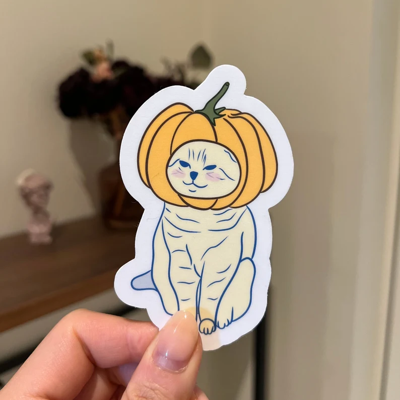 Pumpkin cat | Reusable Sticker, Cat Stickers, waterbottle Sticker, Laptop Sticker, Tear-proof sticker, Cat in pumpkin costume