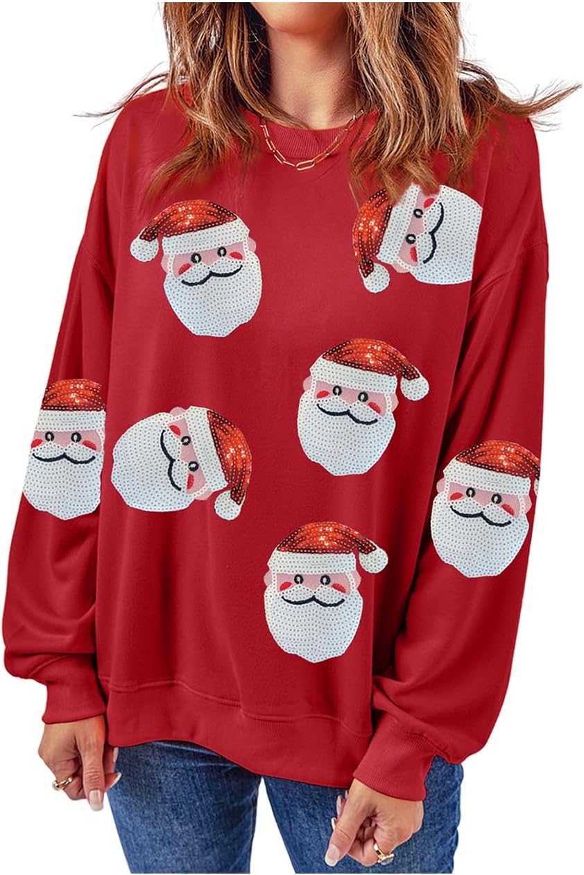 Ecosunny Christmas Sweatshirts Womens Sequin Santa Graphic Shirt Csausl Crewneck Long Sleeve Holiday Pullover Tops