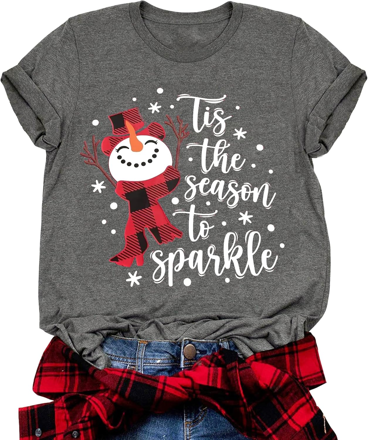 Christmas Snowman Graphic Shirt Women Buffalo Plaid Xmas T-Shirts Tis The Season to Sparkle Holiday Tee Tops