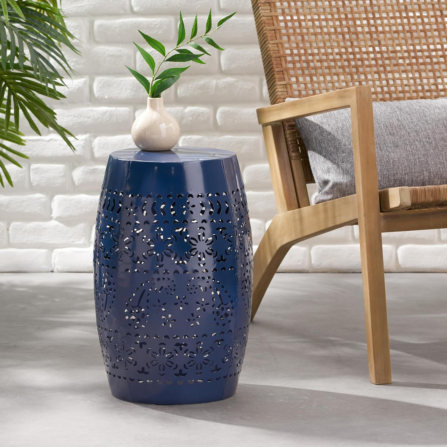 GDF Studio 301565 Riley Outdoor 12” Dark Blue Iron Deck Side Table